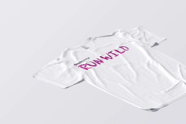A white t-shirt with the the stylized Run Wild logo on it